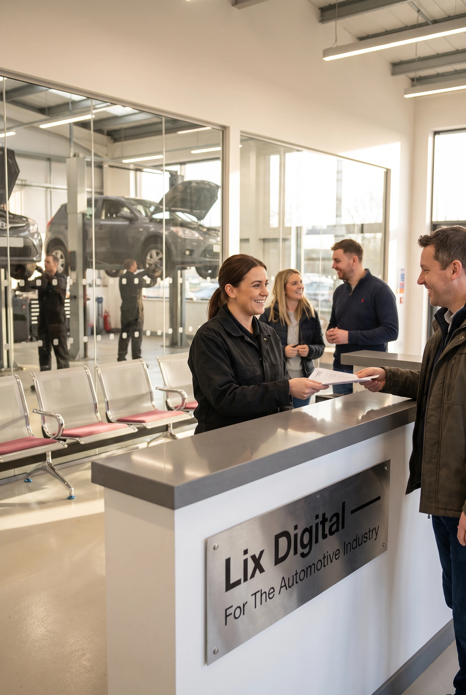 Service adviser serving a happy customer at a bright automotive reception counter, workshop visible through the glass behind