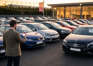 Buyer checking a car listing on their phone while browsing a row of used cars on a UK dealership forecourt at dusk