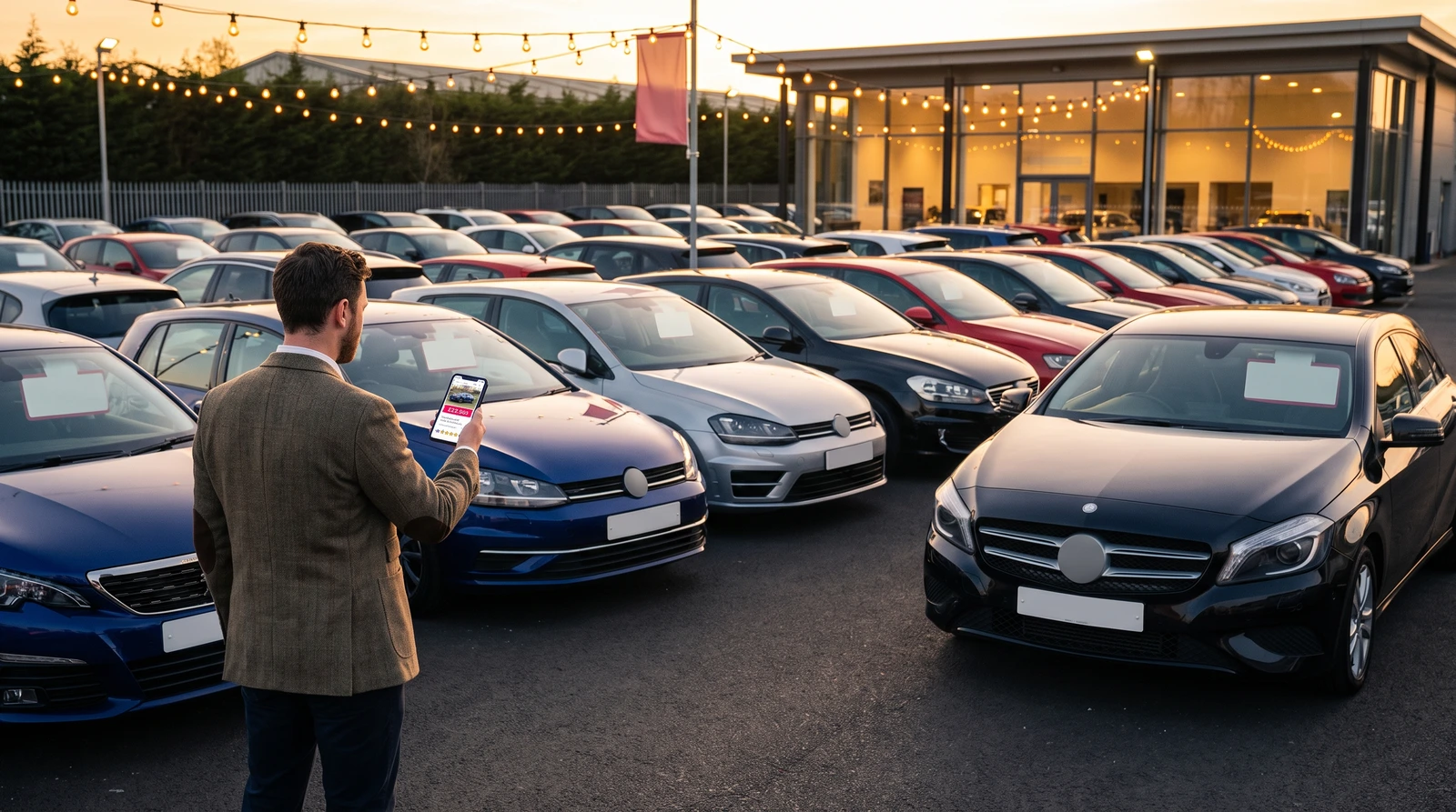 Buyer checking a car listing on their phone while browsing a row of used cars on a UK dealership forecourt at dusk