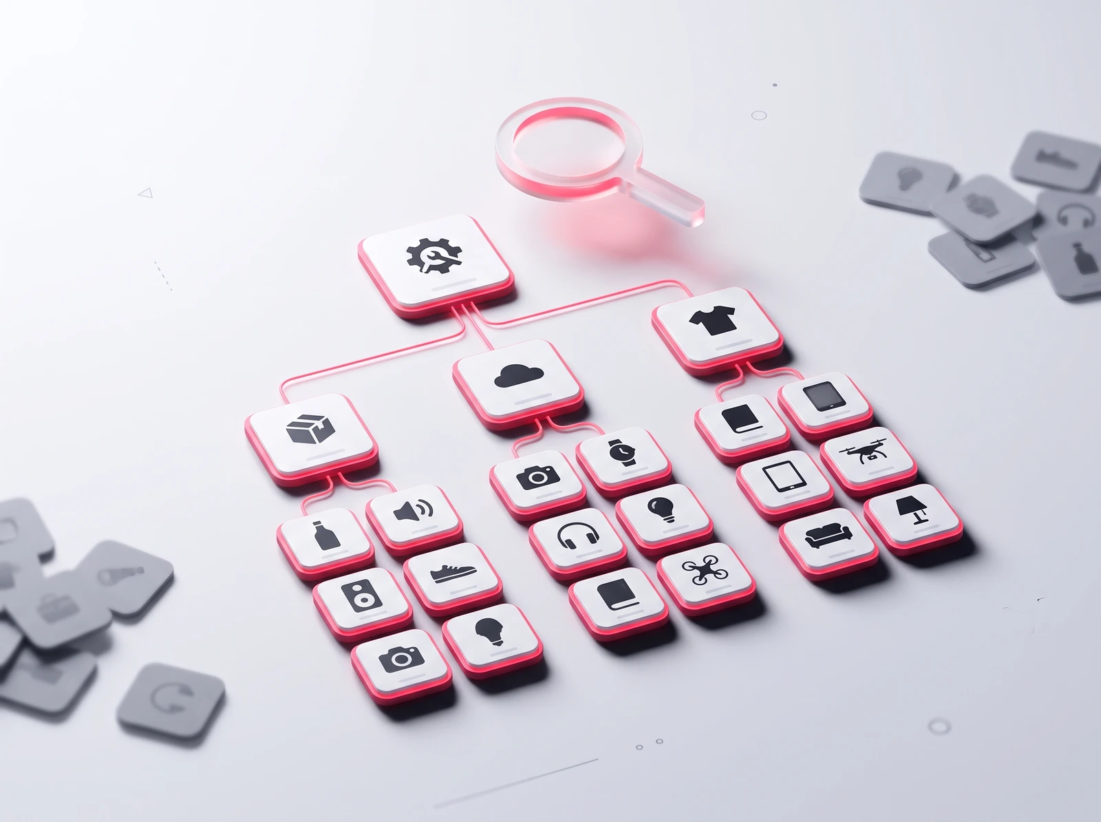 An online store's category and product structure organised into a clean hierarchy with search visibility over it
