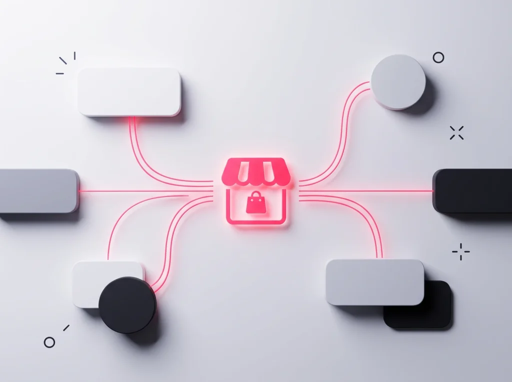 Links from multiple outside sites converging into a glowing storefront icon, authority flowing into the online store