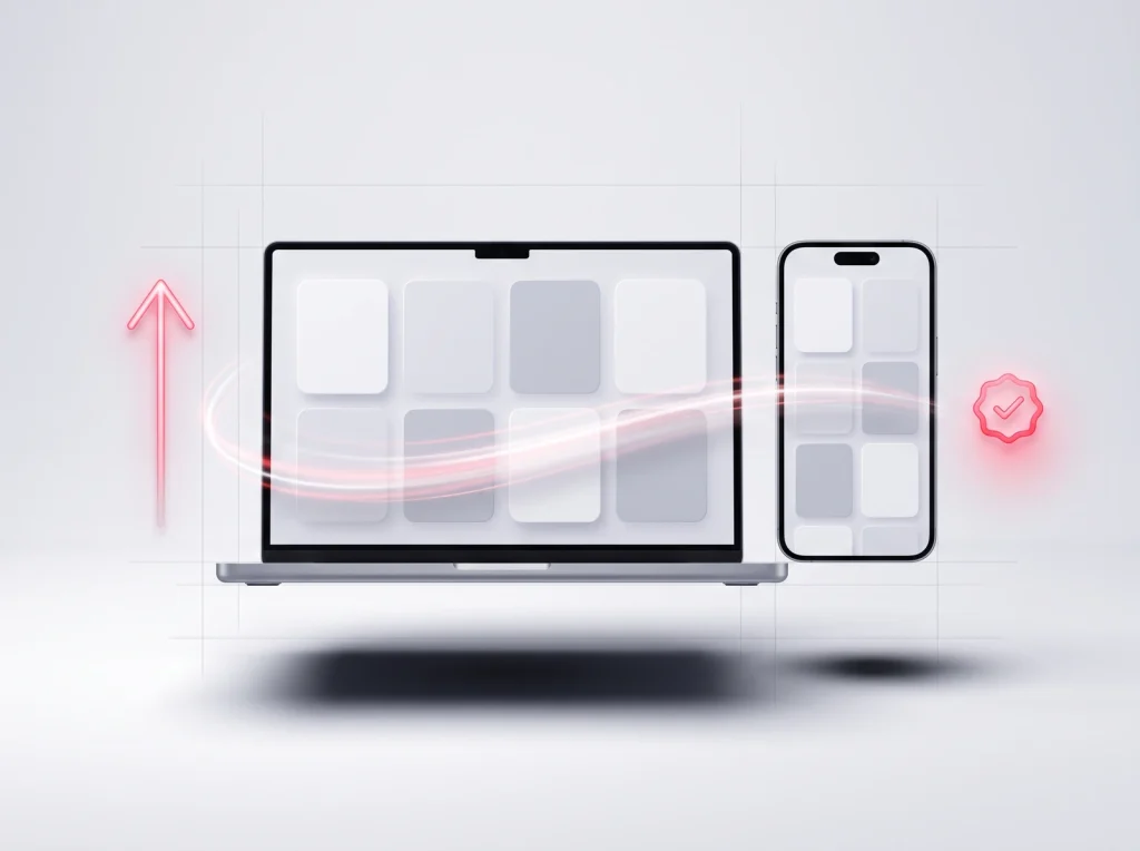 A fast-loading online store on laptop and phone, with a ranking arrow and checkmark signalling the SEO payoff of site speed