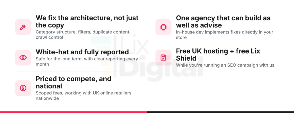 Why choose Lix Digital for ecommerce SEO: we fix architecture, report in plain English, and are a full digital agency