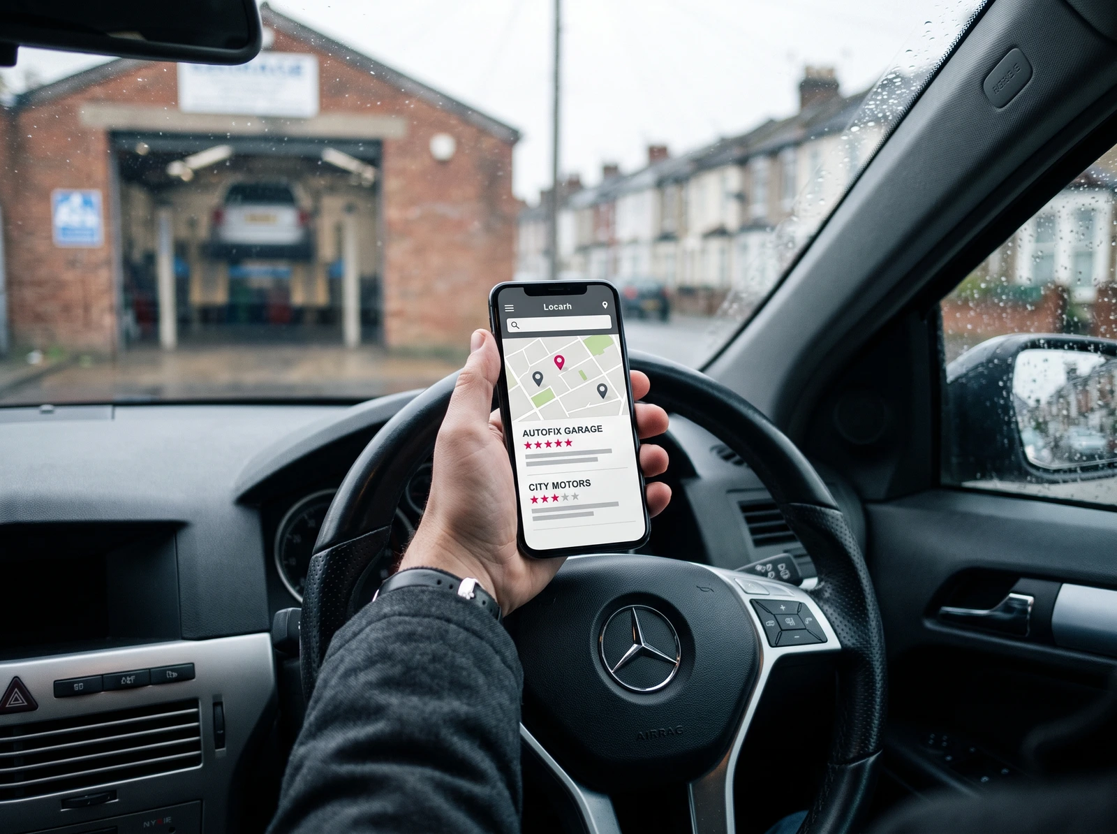 Driver checking local garage search results and star ratings on a phone before calling