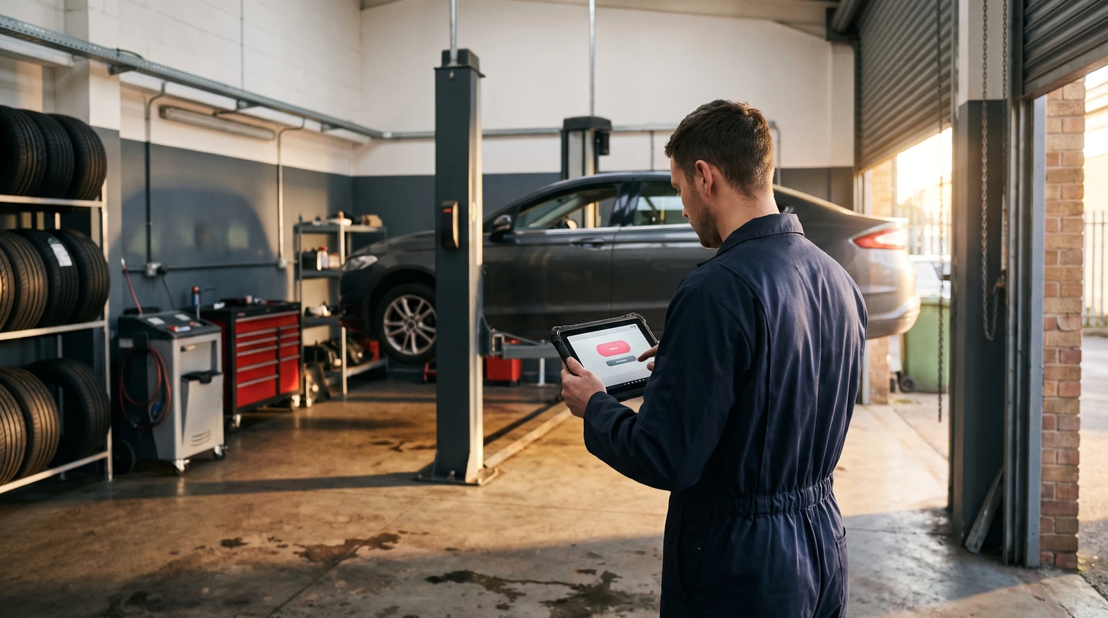 Mechanic in a UK garage workshop checking a booking confirmation on a tablet beside a car on the lift