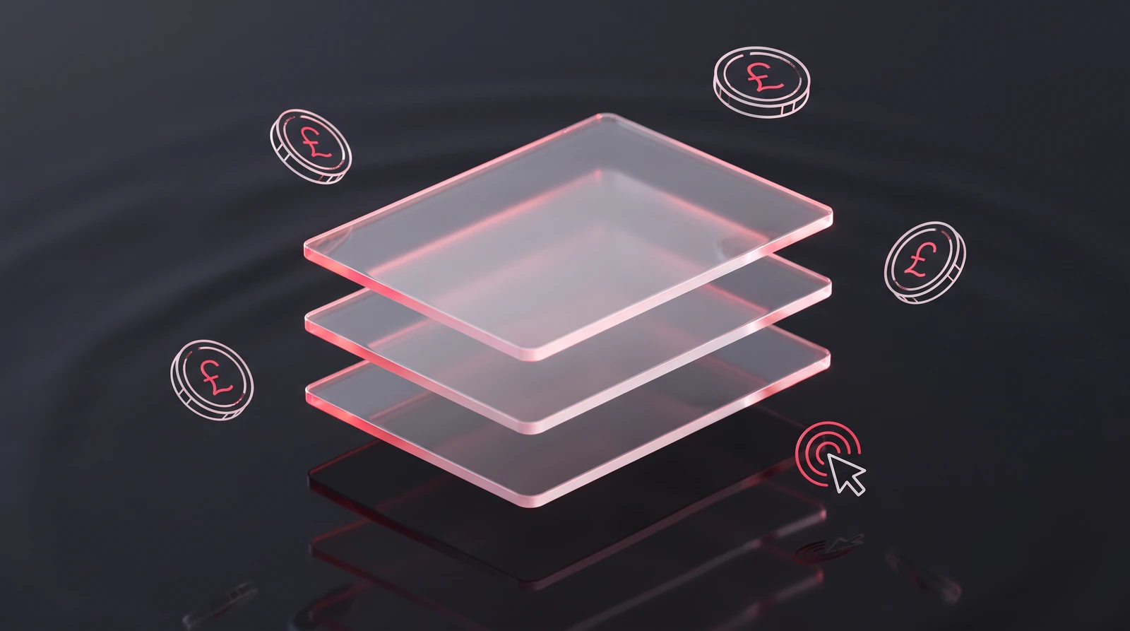 Three translucent glass panels stacked above pound-sterling coins, symbolising the three separate bills behind the true cost of PPC advertising in the UK