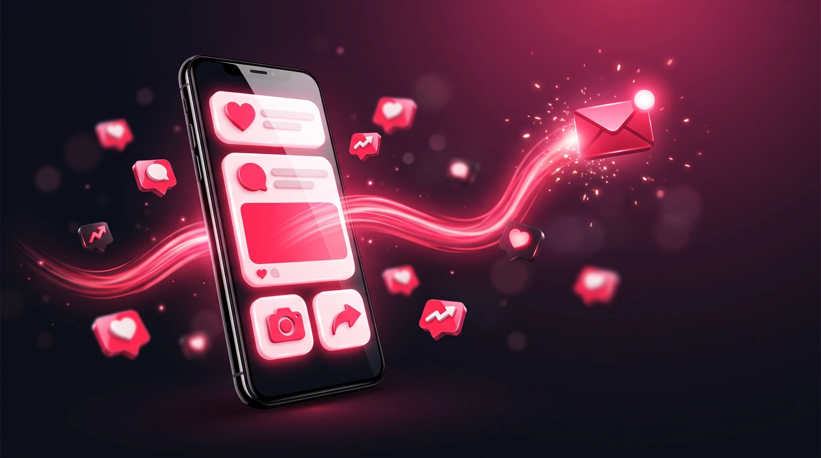 social-media-content-enquiries-hero-v2 Smartphone displaying social content cards with a vivid pink energy flow leading to a glowing new-enquiry notification, representing social content turning into business enquiries