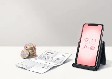 UK pound coins and an invoice beside a smartphone showing social media icons, representing the cost of social media marketing