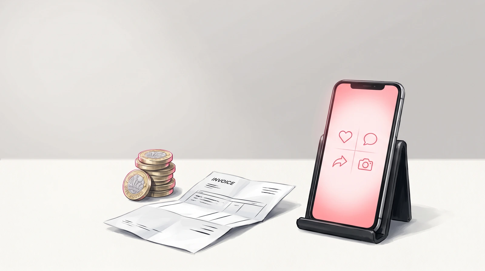 UK pound coins and an invoice beside a smartphone showing social media icons, representing the cost of social media marketing