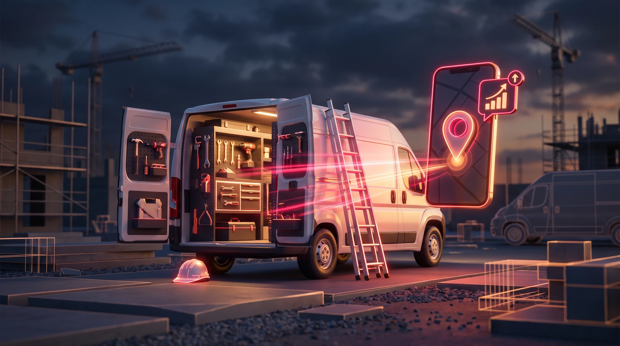 trades-digital-marketing-booked-jobs-hero Illustration of a tradesperson's work van on a job site at dusk with tools and a hard hat, beside a glowing smartphone showing a map pin and rising booking notification, symbolising digital marketing turning trade businesses into booked jobs