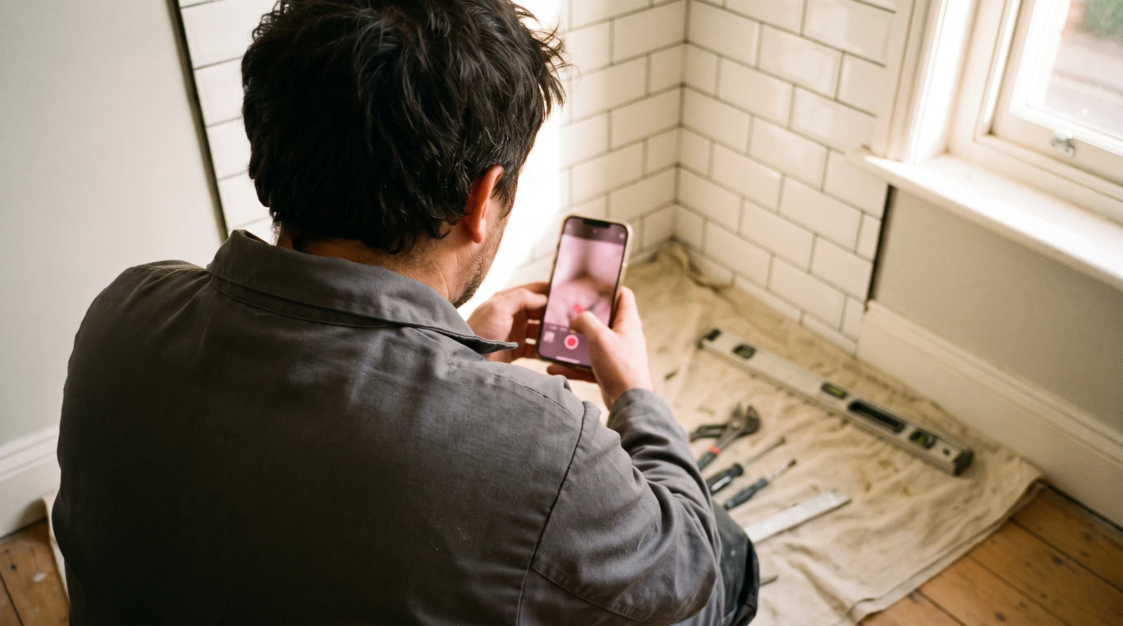 trades-social-proof-before-after-photo Tradesperson photographing freshly completed tiling work on a smartphone to share as social proof