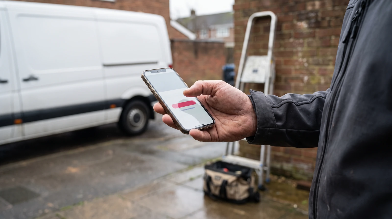 trades-website-mobile-quote-request-jobsite Hand holding a smartphone showing a mobile-first trade business website with a call-to-action button, on a UK job site with a van, ladder and tool bag