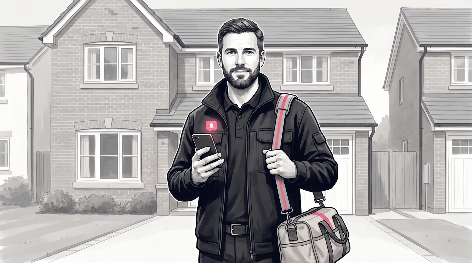 UK tradesperson on a residential job checking a new enquiry notification on their phone