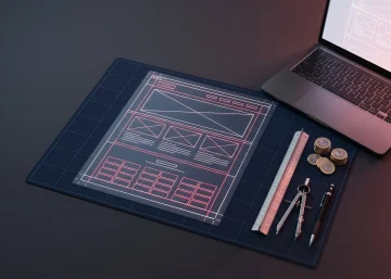 Overhead view of a glowing website wireframe blueprint on a designer's desk next to a laptop, ruler, compass and a stack of coins, representing the cost of building a UK business website