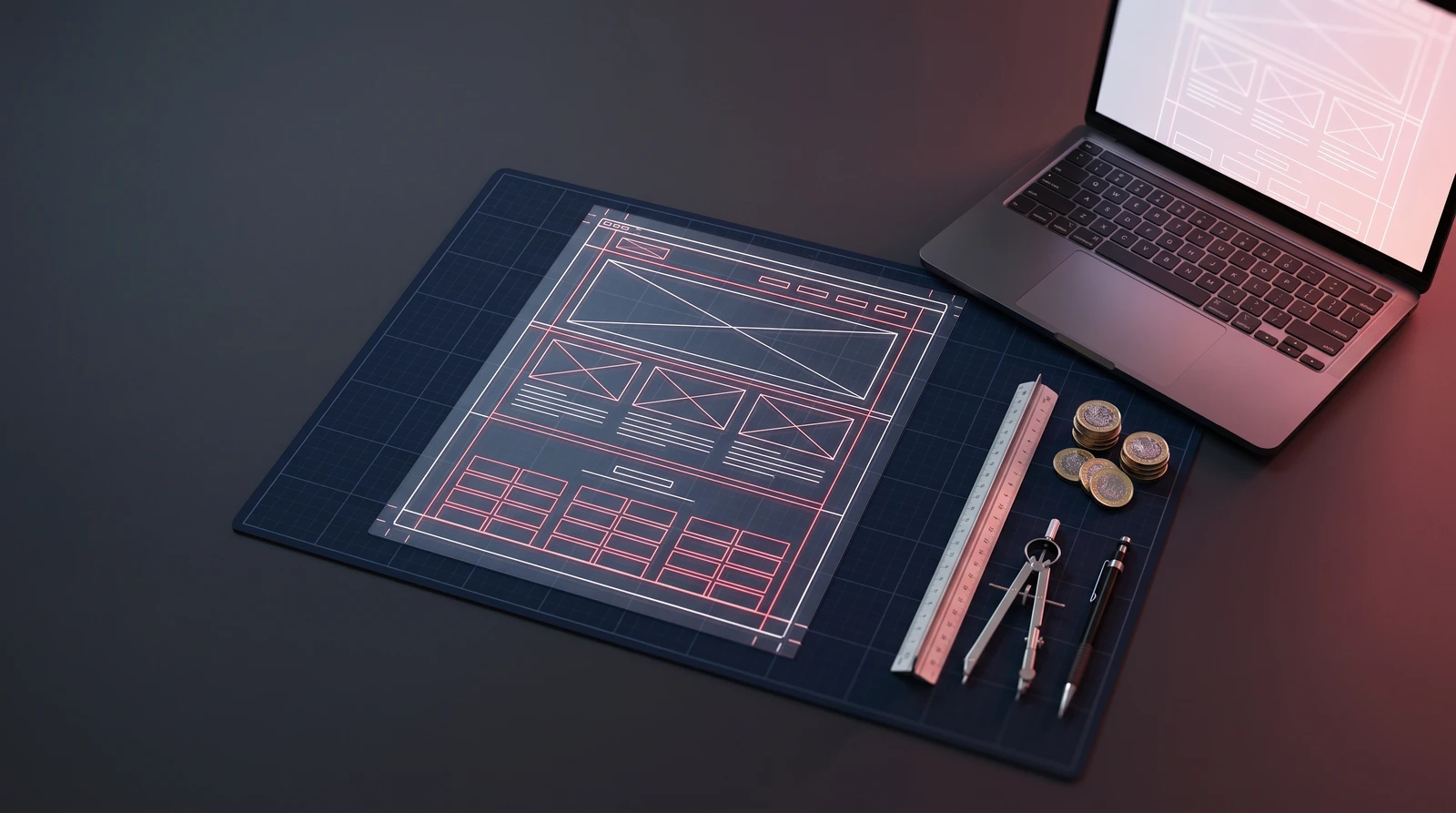 Overhead view of a glowing website wireframe blueprint on a designer's desk next to a laptop, ruler, compass and a stack of coins, representing the cost of building a UK business website