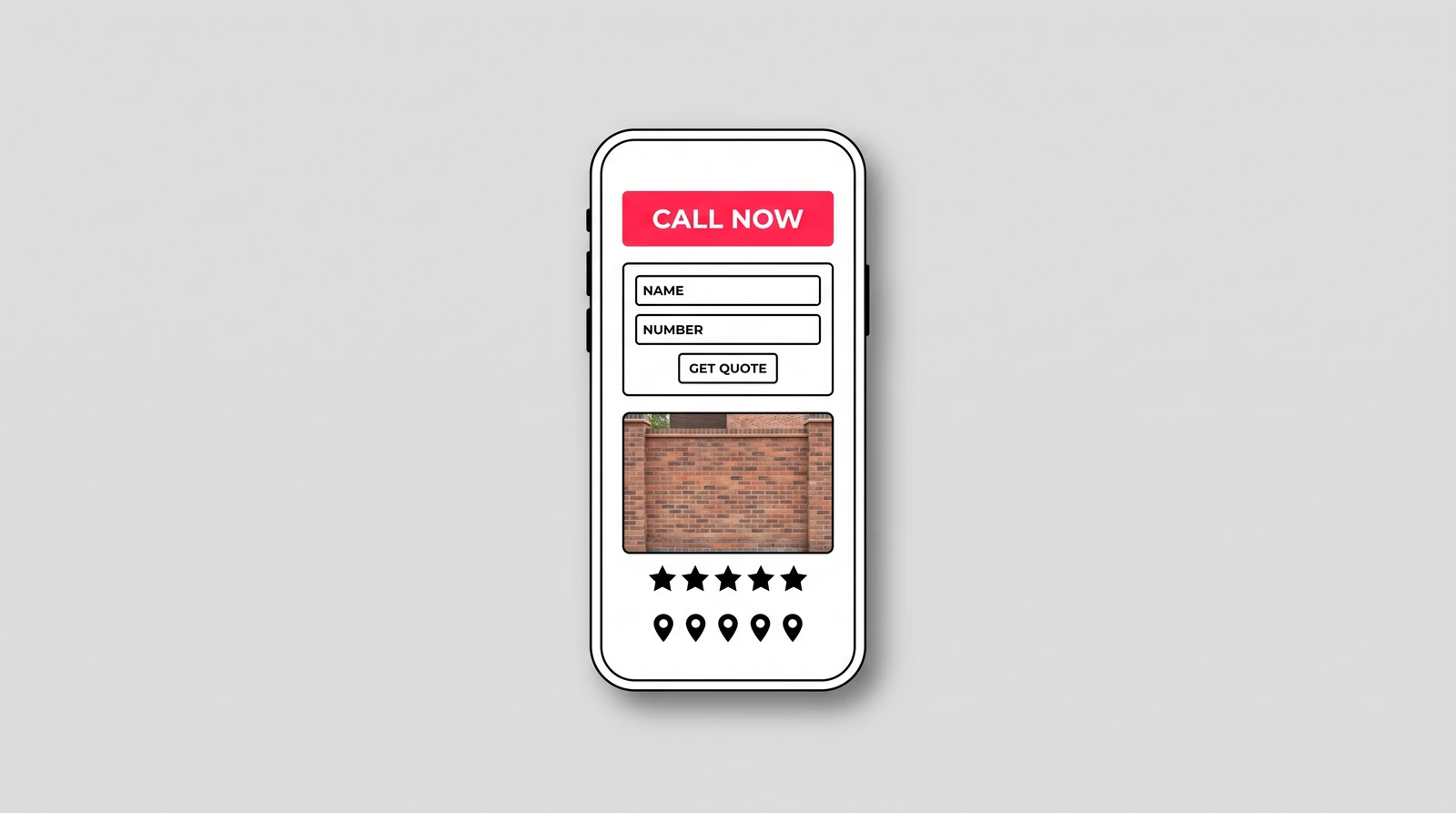 Mockup of a mobile trade business website with a tap-to-call button, short quote form, project photo and reviews