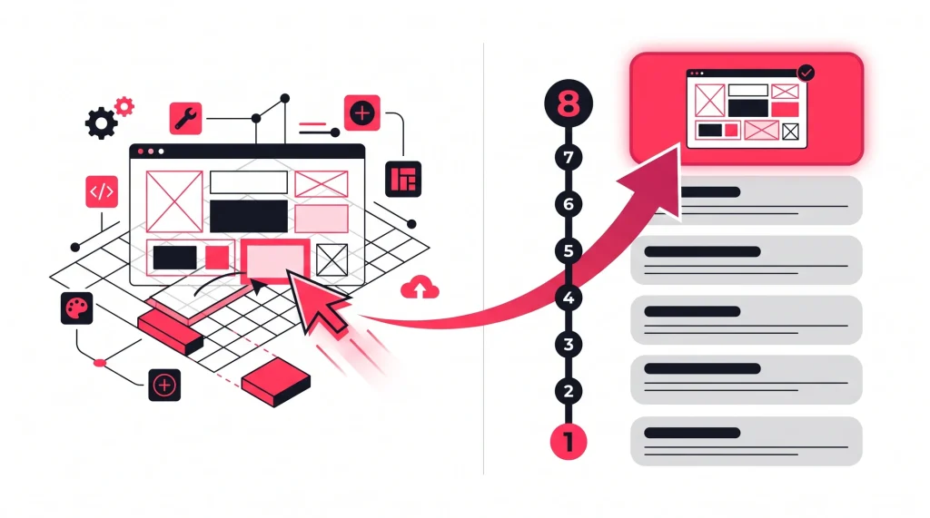 A WordPress website being built on one side and the same site climbing to the number one search result on the other, showing a site built to be both fast and found.