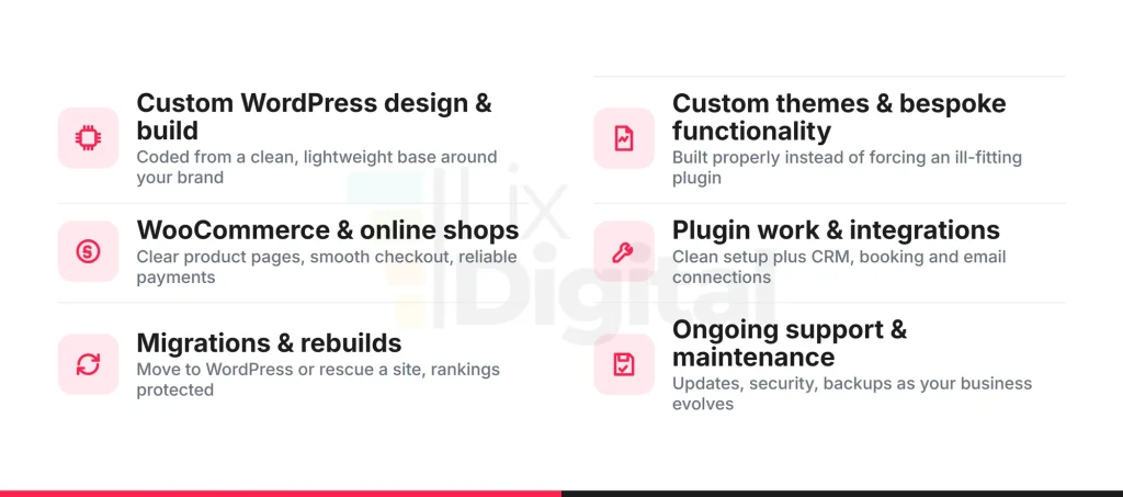 Lix Digital WordPress development services: custom design and build, custom themes and functionality, WooCommerce, plugin work, migrations, ongoing support