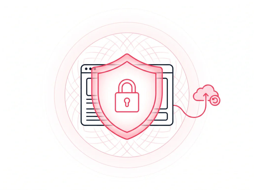 A website protected by a shield, padlock and automatic cloud backup, illustrating security built into the site from day one.