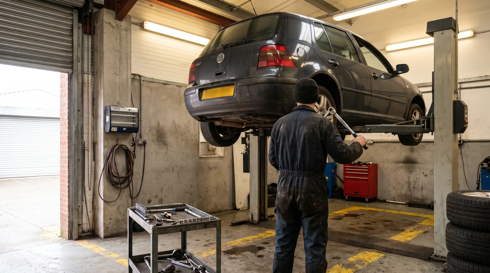 auto-repair-workshop-mot-bay-hero A car raised on a two-post ramp in a UK repair workshop MOT bay while a mechanic works on the wheel hub